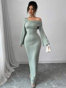 Modelyn 不对称领口褶皱提花纹理长袖修身开衩下摆优雅连衣裙 - 綠色 - 查看 7