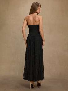SHEIN BAE Schwarzes ärmelloses Spitzenkleid mit V-Ausschnitt, Taillenschlitz und Raffung für Damen, geeignet für Cocktailpartys, romantische Dates, Herbst-/Winterschichten, Zusammenkünfte, Partys, Nachtclubs, Halloween, Weihnachten - Schwarz - Übersicht 2