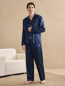 Faux Silk Jacquard Men's Pajama Set, Winter Clothes - Navy Blue - View 7