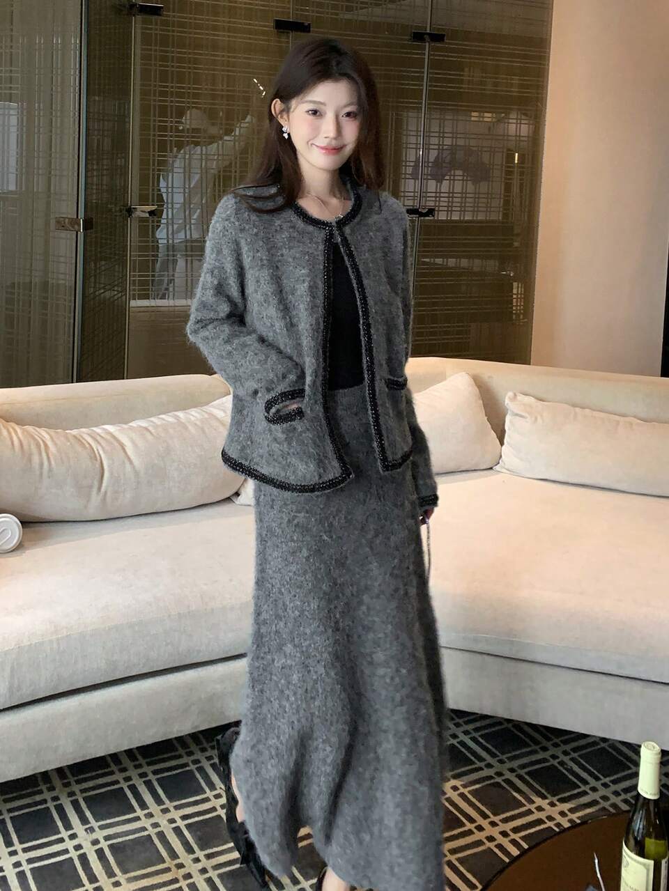 Women's Contrast Color Cardigan And Skirt Knit 2 Pieces Set Long Sleeve Tops