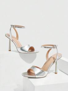 CUCCOO SZL Women's Fashionable Silver Ankle Strap Sexy Strappy Square Toe Stiletto High Heel Sandals, Suitable For Commute, Date, Party, Wedding, Vacation