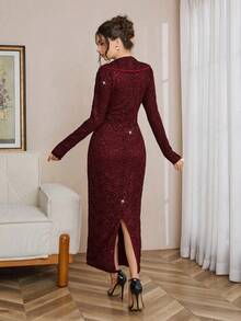 SHEIN LUNE Elegantes vestidos largos de mujer con mangas largas y cintura ceñida, para otoño/invierno - Burdeos - Ver 2