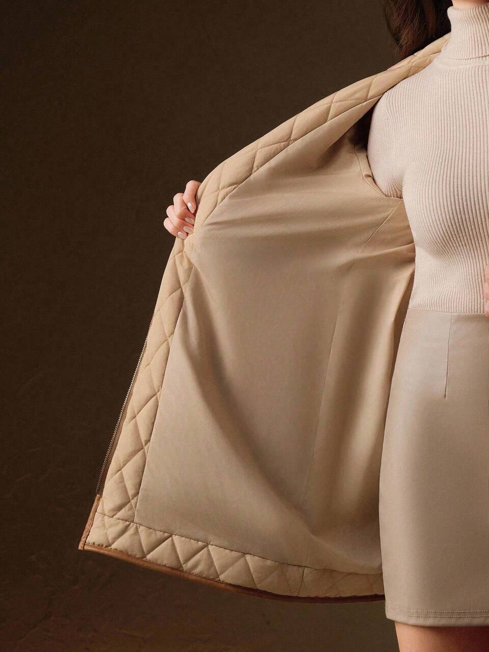 Women's Casual Minimalist Patchwork Collar Lightweight Quilted Padded Coat, Short Style, Apricot Color, Winter