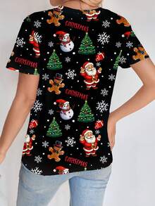 SHEIN LUNE 休闲简约圣诞姜饼人和圣诞老人印花圆领宽松女式T恤 - 彩色 - 查看 2