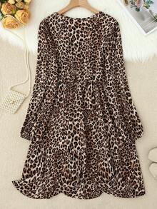 SHEIN LUNE 大码春秋季休闲豹纹连衣裙 冬季服装 猎豹纹连衣裙 女士休闲连衣裙 可爱连衣裙 豹纹连衣裙 动物纹连衣裙 - 杏色 - 查看 2