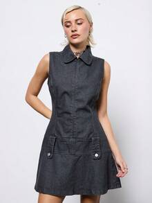 COUREZ 实用迷你连衣裙，原色水洗牛仔布/Y2K冬季穿搭，优雅冬装，外出连衣裙，新年装扮 - 深灰色 - 查看 2