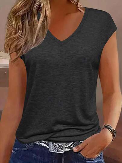 SHEIN LUNE Damen lässiges einfarbiges V-Ausschnitt Fledermausärmel T-Shirt, Sommer