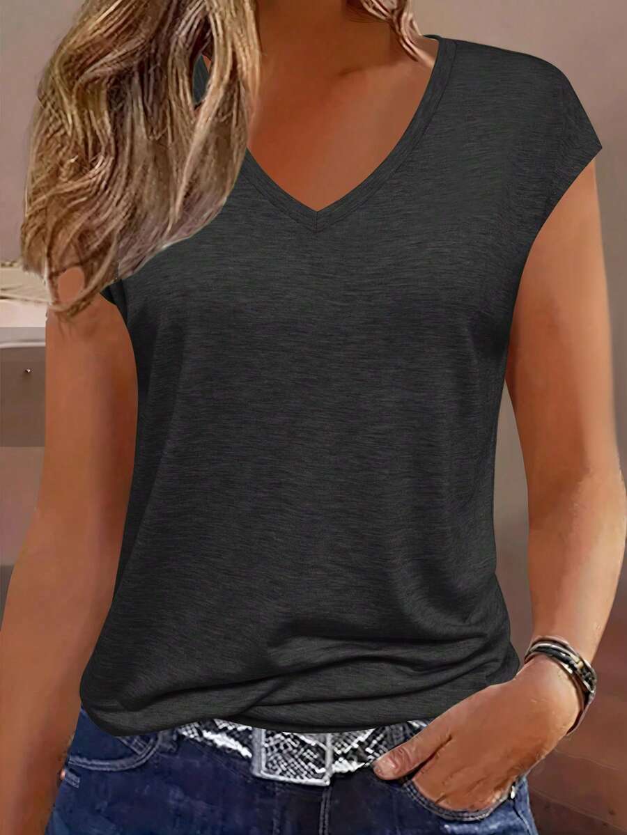 SHEIN LUNE Women Casual Solid V-Neck Batwing Sleeve T-Shirt, Summer - Dark Grey - View 1