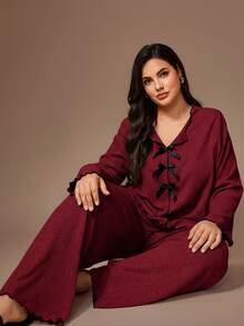 Lazeform Plus Size Women Knitted Ribbed Fleece Bow Decor Ruffle Trim Casual Lounge Set, Long Sleeve Top And Pants, Cozy Winter Clothes - Red - View 6