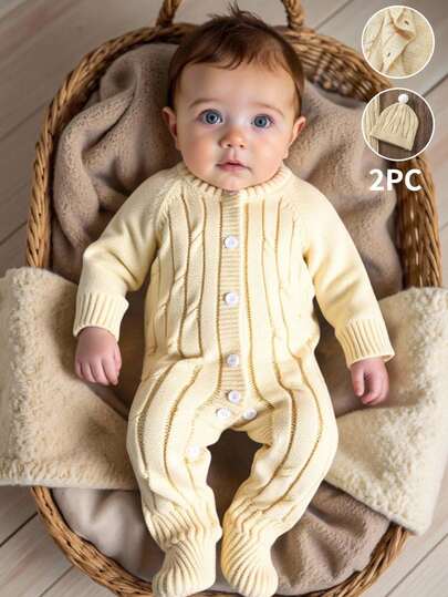 SHEIN Baby Boys Casual Stylish Cute Beige With Twist Rope Floral Knit Jumpsuit, Soft & Comfortable, Suitable For Daily, Outings, Travel, Vacation, Home, Daycare, Autumn/Winter, Christmas, Back To School, Party, All-Match Baby Knit Outfit Baby Knit Jumpsuit