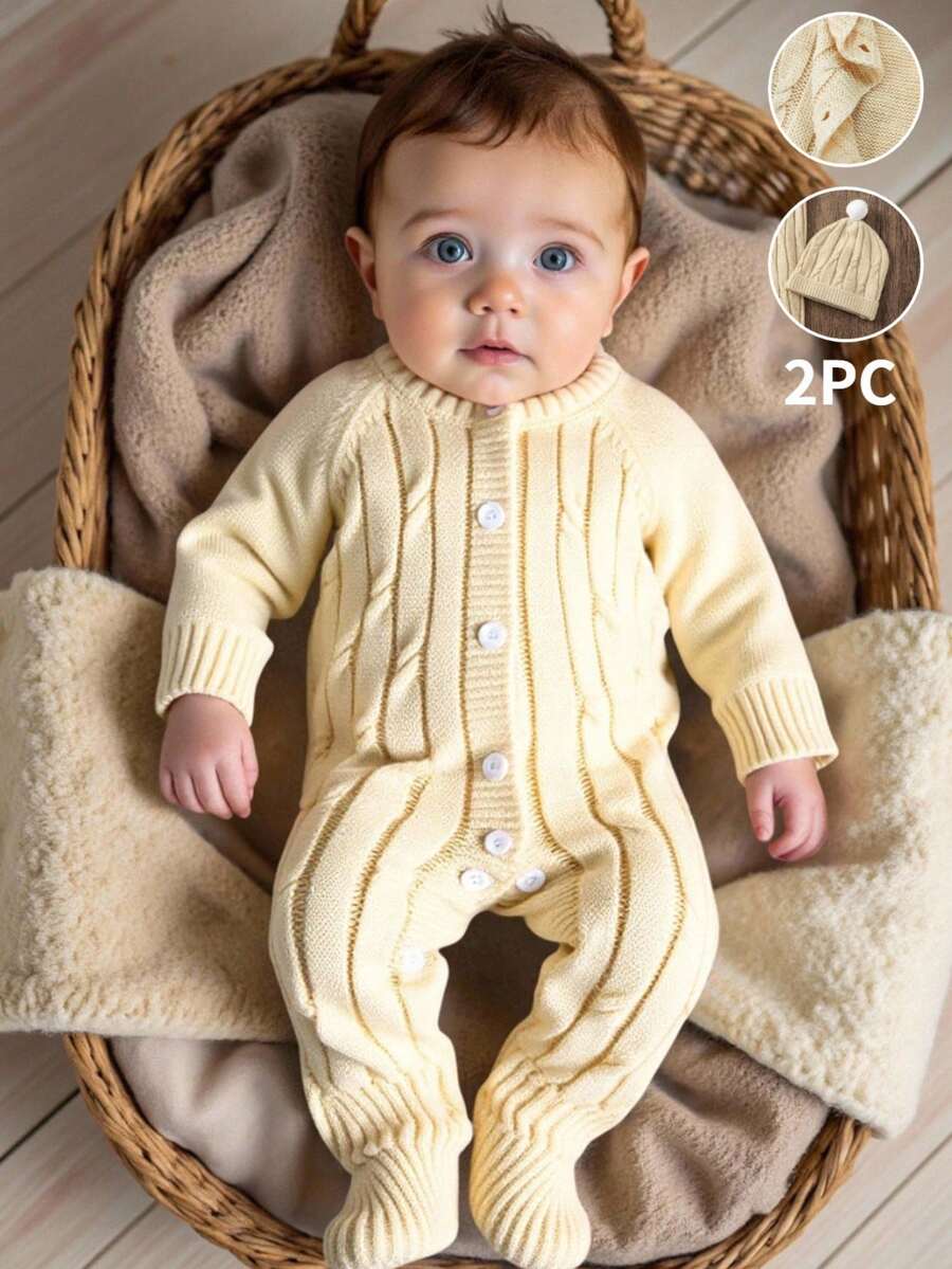 SHEIN Bộ đồ liền thân dệt kim họa tiết hoa dây xoắn màu be dễ thương cho bé trai, mềm mại và thoải mái, thích hợp mặc hàng ngày, đi chơi, du lịch, nghỉ mát, ở nhà, nhà trẻ, mùa thu/đông, giáng sinh, trở lại trường, tiệc tùng, phối đồ