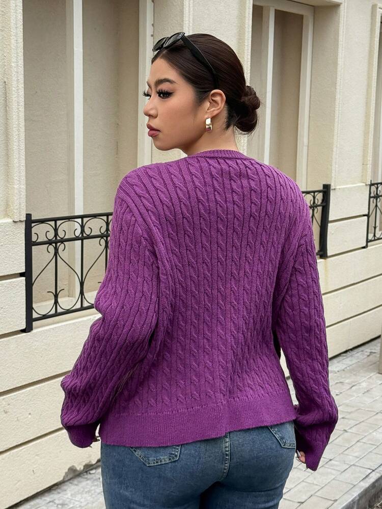 Dazy Plus Plus Size Crew Neck Pocket Casual Loose Soft Purple Sweater For Plus Size Women, Elegant For Autumn/Winter
