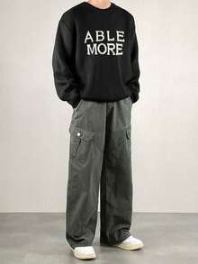 DAZY 男士字母提花针织毛衣，黑色圆领，秋冬 - 黑色 - 查看 4