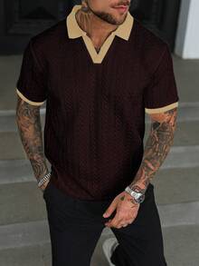 Manfinity Homme 男士休闲撞色短袖Polo衫，夏季男士Polo衫，酒红色针织衫，男士短袖Polo衫，男士针织Polo衫，酒红色男士衬衫，适合日常休闲、周末旅行、户外活动、探险旅行、轻松的工作环境或半正式场合，也是送给男友/丈夫的礼物，周年纪念礼物。 - 棕色 - 查看 5