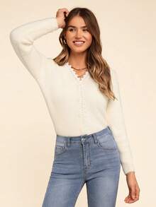 Coeurva Cardigan tricoté moelleux avec bordure en dentelle guipure, hauts à manches longues pour l'automne/l'hiver - Beige - Voir 2