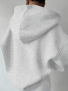 SHEIN EZwear 女士休闲简约浅灰色印花宽松长袖卫衣，带口袋，适合秋冬季穿着 - 淺灰色 - 查看 5