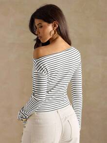 SHEIN BAE 女式休闲不对称领条纹T恤，秋季 - 白色 - 查看 2