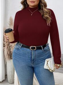SHEIN CURVE+ 纯色罗纹修身立领针织保暖 T 恤 - 酒紅色 - 查看 8