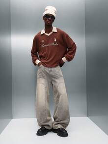 PLAYBOY X SUMWON Regular Fit Long Sleeve Ribbed Collar Polo Shirt With Script Embroidery And Logo Detail - Brown - View 1