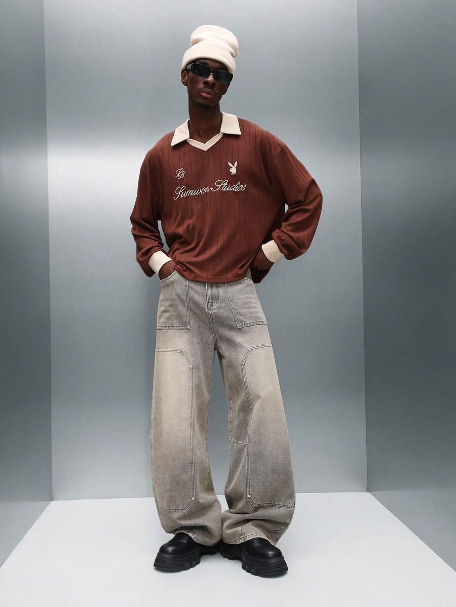 PLAYBOY X SUMWON Regular Fit Long Sleeve Ribbed Collar Polo Shirt With Script Embroidery And Logo Detail - Brown - View 1