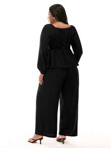 Solavibe Plus-Size Women's Black Two-Piece Set,Autumn Elegant Formal Dinner Evening Long-Sleeved V-Neck Shirt & Loose Wide-Leg Pants,Casual Office Date Outfits - Black - View 2
