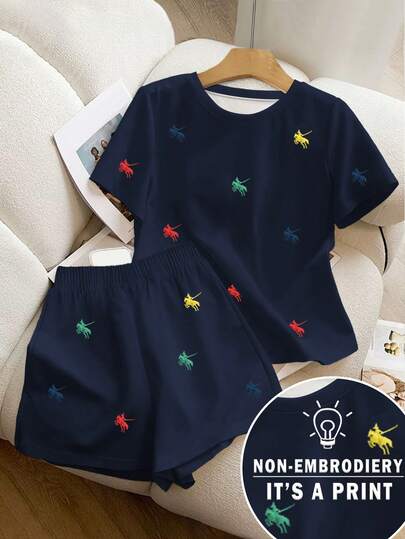 SHEIN Bộ 2 món áo thun cổ tròn tay ngắn và quần short thường ngày cỡ lớn