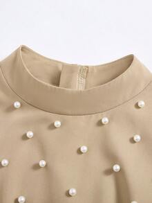 SHEIN 优雅串珠装饰梭织连体裤，立领，泡泡袖，后背拉链，宽松版型，腰带，适合少女，春秋季休闲装 - 卡其色 - 查看 5