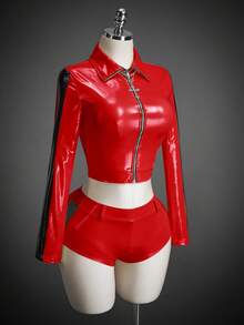 SHEIN ICON Women's Halloween COS Contrast Color Cropped Jacket And Shorts Set, Christmas - Red - View 3