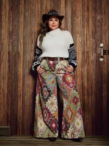 EMERY ROSE Plus Size All-Over Print Pocket Casual Loose Wide Leg Jeans Spring Summer  Vacation - Multicolor - View 6