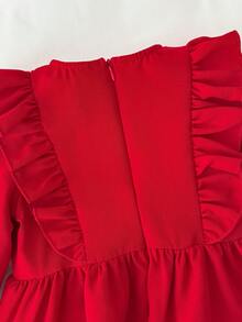 Blossori Gaun Lengan Panjang Berenda Elegan Gaya Prancis untuk Anak Perempuan Muda - Merah - View 5
