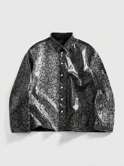Grunge Punk Herren Mode Pendler Schlangenhaut Muster Patchwork Hemd, Herbst