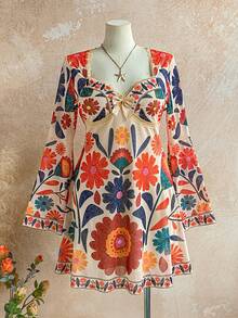 Dreamara Plus Size Women Floral Print Lace Trim Butterfly Sleeve Mini Dress, Suitable For Vacation, Autumn/Winter - Multicolor - View 9