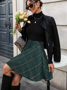 SHEIN Clasi Women's Green Plaid Fabric Waist Cinched A-Line Flared Skirt, Stylish Design, Versatile, High-Quality, Elegant, Countryside Casual Vacation Style, Bohemian, Suitable For Teachers And Office Wear - Green - View 5