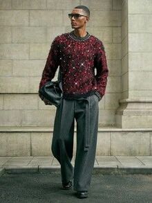 AKNOTIC Áo len chui đầu cổ tròn họa tiết da báo trang trí ngọc trai giả thời trang thu/đông cho nam (Cỡ thường) - Đỏ - Xem 3