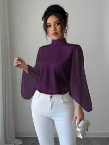 Selianne 女士优雅法式缎面拼接衬衫 - 紫色 - 查看 4