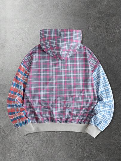 Street Life Sudadera con capucha con cremallera y parches de cuadros de contraste para hombre