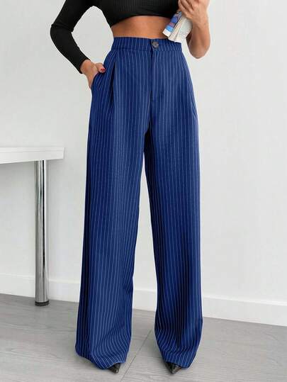 EURMUSE Dames casual gestreepte hoge taille losse wijde broek met zijzakken, geschikt voor werk en woon-werkverkeer