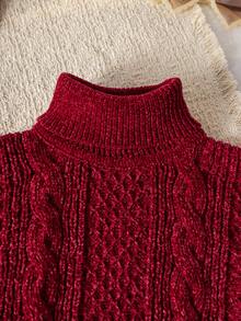 SHEIN 女童粉色高领毛衣，雪尼尔针织，时尚新款，休闲甜美学院风，面料柔软，高领设计，经典粉色调，质地温柔甜美，适合搭配裙子、休闲裤、可爱鞋子等各种场合，居家、旅行、度假、圣诞节、新年、万圣节等。 - 酒紅色 - 查看 3