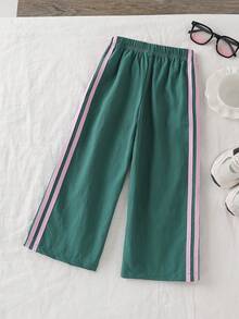 Sparklyn Young Girl Casual Versatile Colorblock Striped Pants - Green - View 2