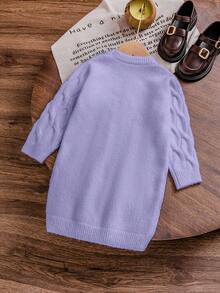 SHEIN Playful Pals 新款时尚百搭可爱蝴蝶结纯色扭绳女童套头毛衣连衣裙 - 紫色 - 查看 3