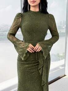 Feyla Vestido de manga larga con volantes en el bajo, unicolor y minimalista, para uso casual diario de mujer - Verde militar - Ver 2