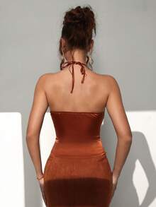 Glisette Solid Color Backless Halter Lace Trim Sexy Elegant Women Tank Top - Brown - View 2