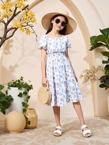 青少女夏季花卉氣球袖腰帶連衣裙