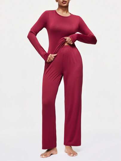 Shapelle Forme Women's Solid Color Crew Neck Long Sleeve T-Shirt And Pants Pajama Set