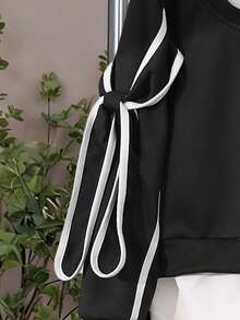 SHEIN 2 件女童秋冬紫色圆领罗纹袖口和下摆设计白色梭织面料二合一蝴蝶结领口松紧腰阔腿裤套装 - 黑色 - 查看 6