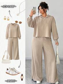 Elenzga Plus Size Women Loose Hooded Textured Two Pieces Set, Casual For Daily Commute