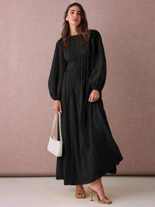 Enchnt 纯色圆领褶皱优雅时尚长袖连衣裙 - 黑色 - 查看 5