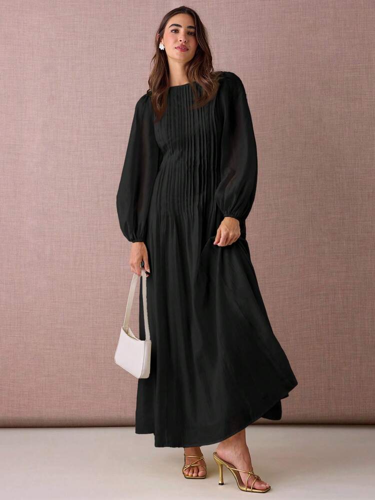 Enchnt 纯色圆领褶皱优雅时尚长袖连衣裙 - 黑色 - 查看 5