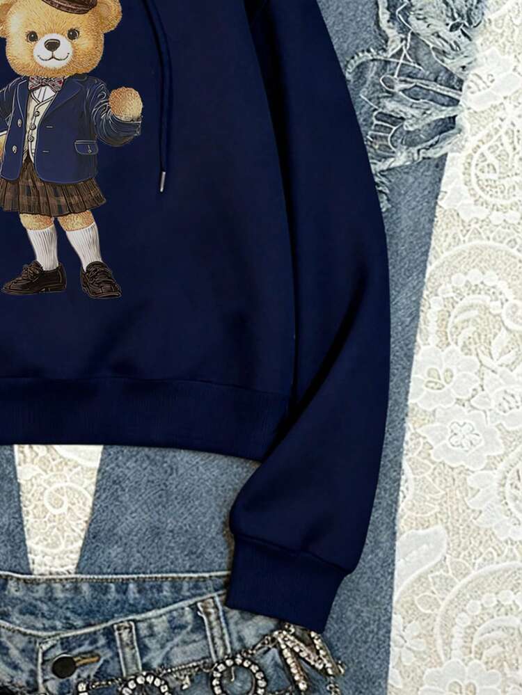 SHEIN EZwear Áo nỉ dài tay dày dáng rộng in hình gấu tối giản giản dị dành cho nữ - Màu xanh hải quân - Xem 5