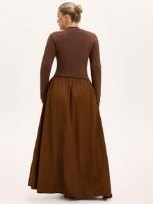Aveloria Modichic Vintage Minimalist Patchwork Knit Mock Neck Long Sleeve Cinched Waist A-Line Dress - Brown - View 3